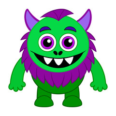 Fototapeta premium Cute green monster with purple fur and big eyes
