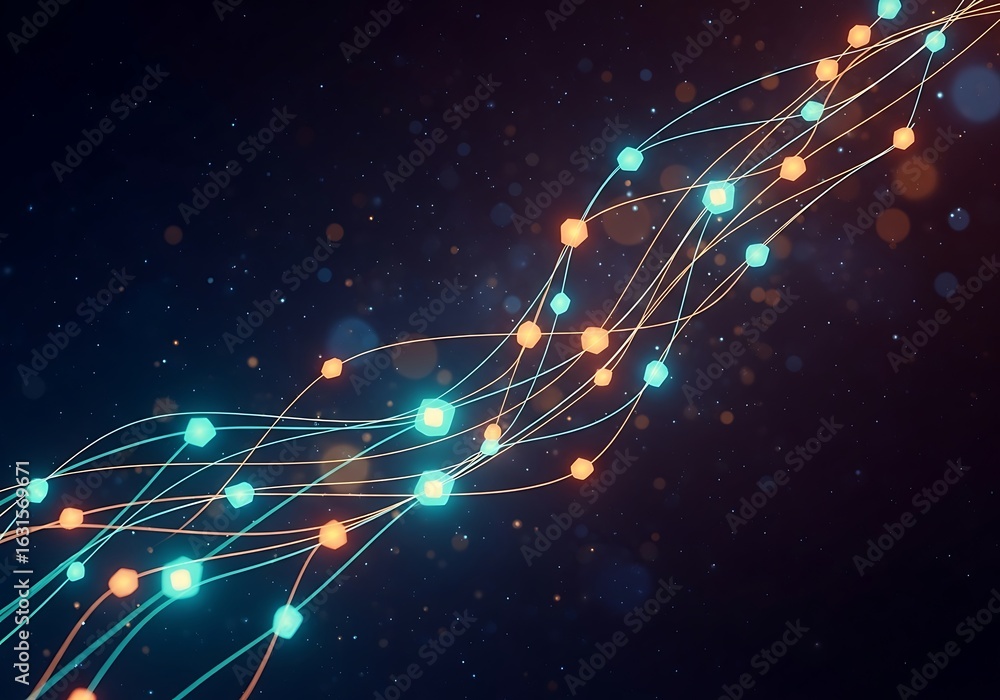 Poster abstract network: glowing teal and orange nodes connected by dynamic curves on dark background.
