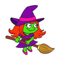 Cute cartoon witch flying on a broomstick for halloween