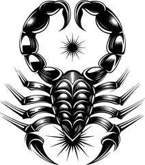 Detailed black and white scorpion illustration with starburst elements