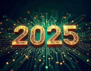 Glittering 2025 digits on a circuit board background