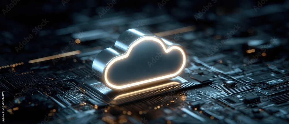 Poster the cloud icon illuminating a circuit board background in a digital setting