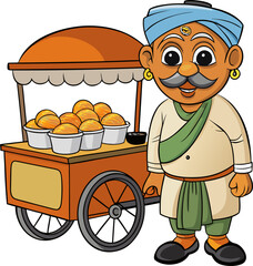 Indian street food vendor with traditional cart and delicious snacks