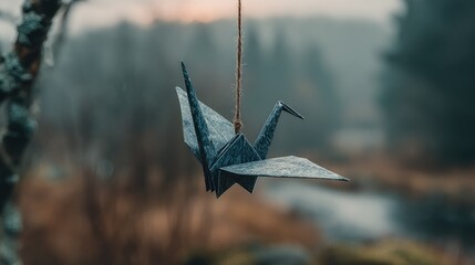 Dark origami crane hangs from twine, blurred nature backdrop