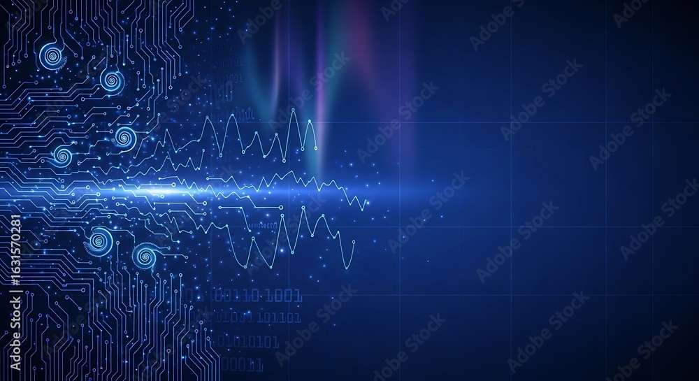Poster abstract digital circuit board background: blue technology data stream and graph visualization.