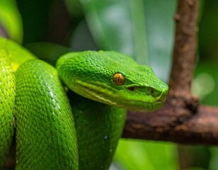 Obraz premium Intense close up of a green viper with fiery orange eyes in lush foliage