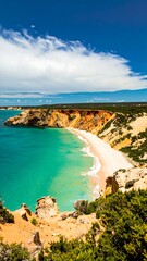 Obraz premium Coastal view, vibrant colors, sandy beach