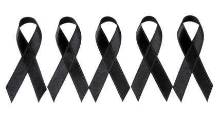 Five black mourning ribbons arranged in a row isolated on transparent background