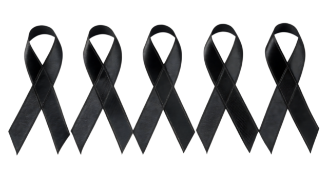 Five black mourning ribbons arranged in a row isolated on transparent background