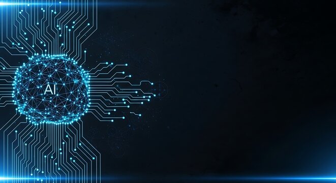 Abstract AI Neural Network: Futuristic Technology Background with Circuit Board Design, Dark Blue Hues - Powered by Adobe