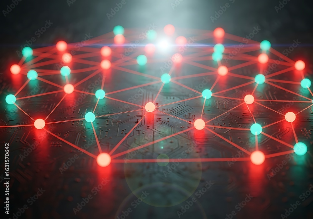 Poster abstract network connections: illuminated nodes and red lines on circuit board, futuristic technolog