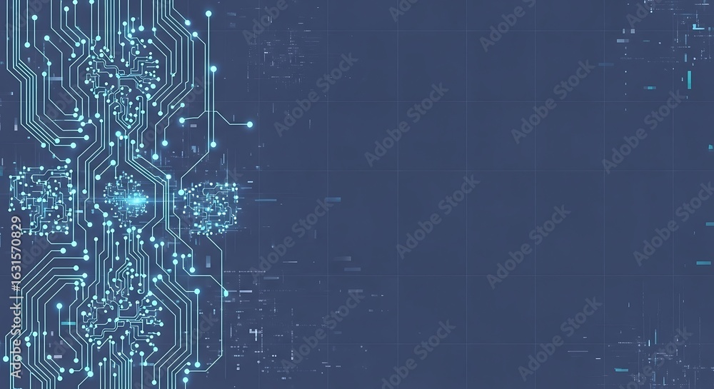 Poster abstract digital circuit board technology background: glowing teal lines and data streams on dark bl
