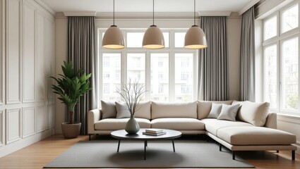 Fototapeta premium Modern Serenity in Sunlit Living Room with Minimalist Cozy Touch