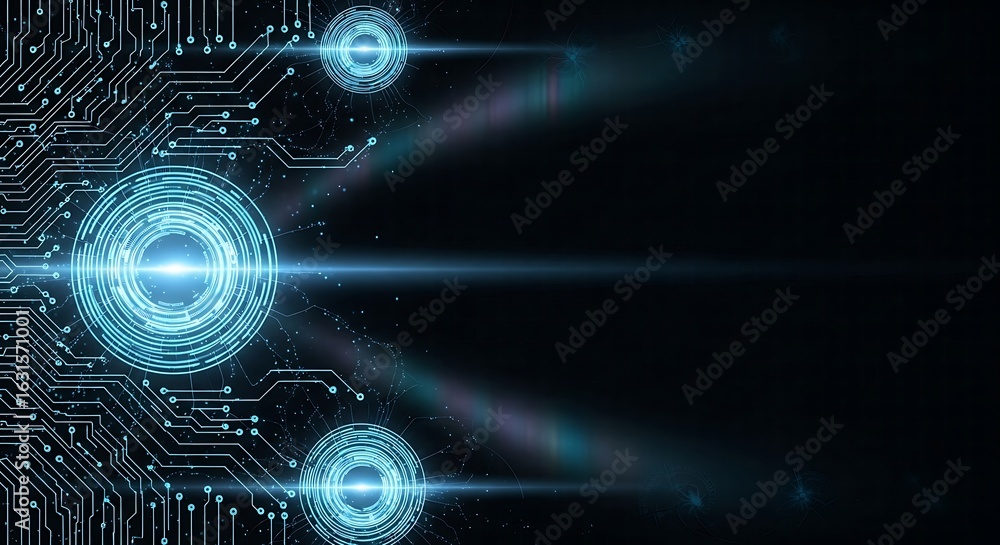 Poster abstract futuristic technology background: dark blue circuit board design with glowing circular elem