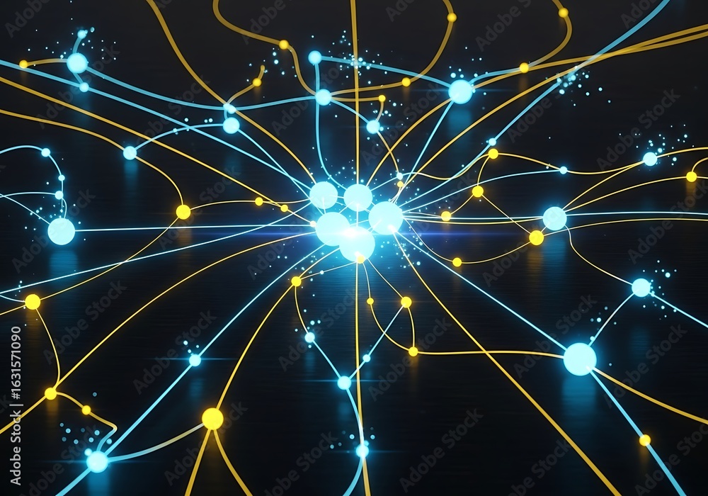 Aufkleber abstract network: glowing blue and gold nodes connected by lines, futuristic technology concept, dig