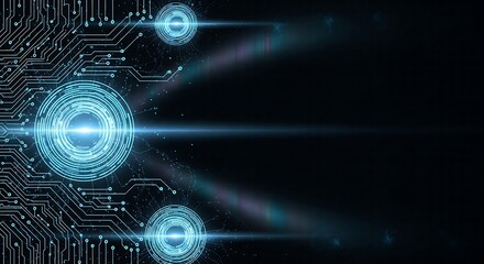 Abstract Futuristic Technology Background:  Dark Blue Circuit Board Design with Glowing Circular Elements and Copy Space.