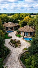 Fototapeta premium Luxury Stone Cabanas with Private Pools and Winding Stone Path
