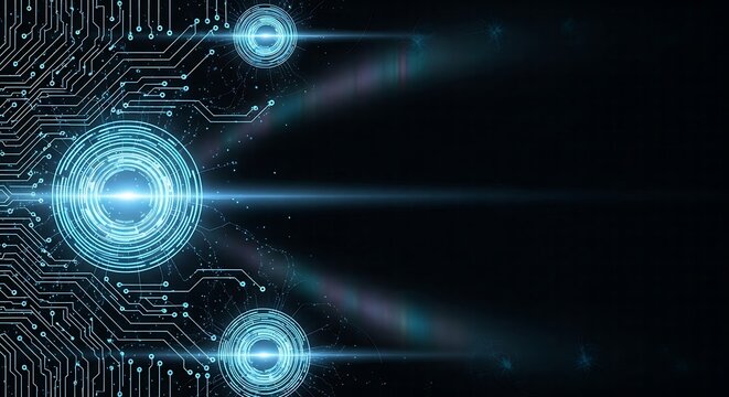Abstract Futuristic Technology Background: Dark Blue Circuit Board Design with Glowing Circular Elements and Copy Space. - Powered by Adobe