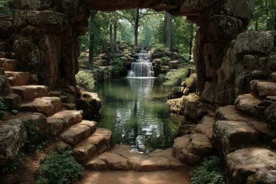 Rocky archway, tranquil waterfall, lush greenery - Powered by Adobe