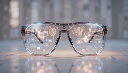 Futuristic smart glasses with a translucent lens displaying a detailed holographic user interface and glowing data points in a high-tech studio environment