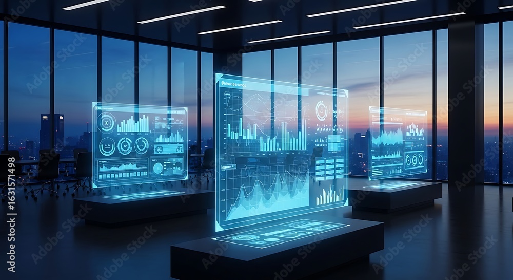 Poster futuristic office with transparent screens displaying data and information analytics