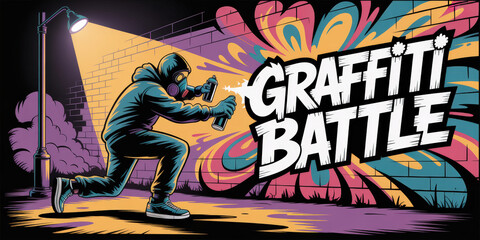 A graffiti battle with a street art competition. Urban expression contest with a person spraying paint on a brick wall at night