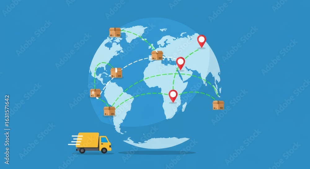 Poster global delivery concept. a stylized world map shows shipping routes with boxes and location markers,