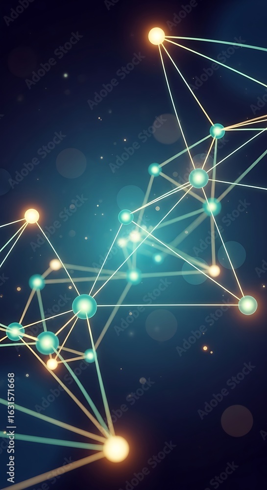 Poster abstract network connection: glowing nodes and lines, teal and amber, futuristic technology backgrou