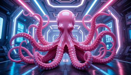 Fototapeta premium Pink octopus in futuristic neon lit corridor tentacles