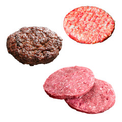 Raw and Cooked Beef Burger Patties Isolated on Transparent or Solid Background – No Shadows

