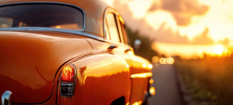 Fototapeta The vintage orange car parked under a beautiful sunset sky