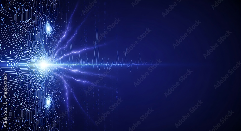 Poster abstract digital circuit board energy pulse: futuristic technology background with glowing blue line