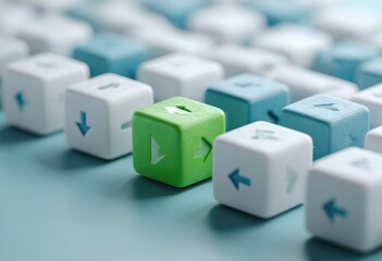 Green cube stands out among identical white and blue cubes with arrows