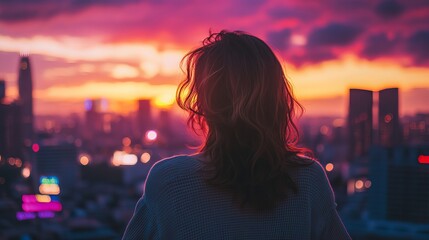 Woman overlooking city skyline at sunset with vibrant pink and orange sky from behind view