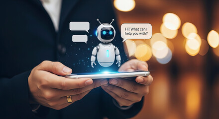 Human hands holding a smartphone with a small cute robot chatbot on the screen, ready to provide assistance and answer questions