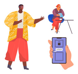 Hand unlocking door with smartphone displaying lock screen. Two people engaging, one presenting, other noting. Ideal for technology, teamwork, security, innovation, remote access communication