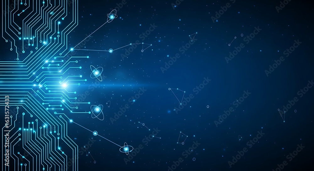 Poster abstract futuristic technology background: glowing circuit board and quantum physics elements in dee