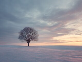 Lone tree stands in a vast snowy field under a dramatic cloudy sky at sunset