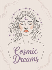 Cosmic dreams mystical slogan t-shirt design with celestial woman and stars illustration