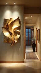 Elegant Modern Hallway with Abstract Gold Wall Sculpture and Persian Rug