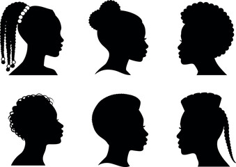 Hair silhouette, braided hairstyle, curly afro, high bun, mohawk braids, short hair, diverse styles, head profile, black vector