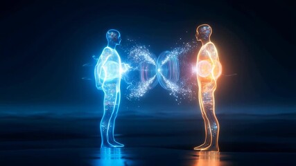 Two digital human figures, one blue and one orange, exchanging data in a virtual space. Concept of information exchange and digital communication. - Powered by Adobe