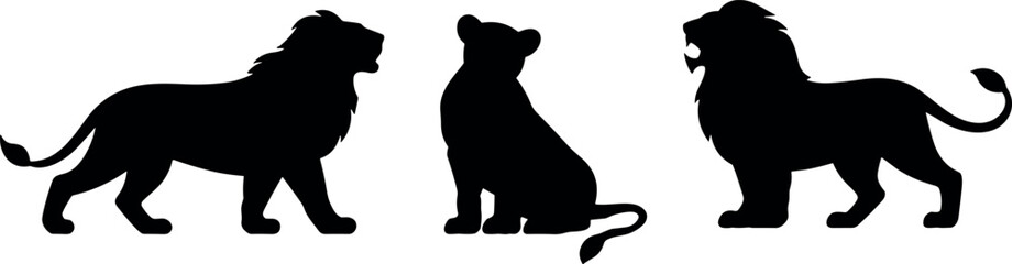 Lion silhouettes, walking lion, roaring pose, lion cub, wild animal, majestic beast, African wildlife, predator icon, vector illustration, black silhouette