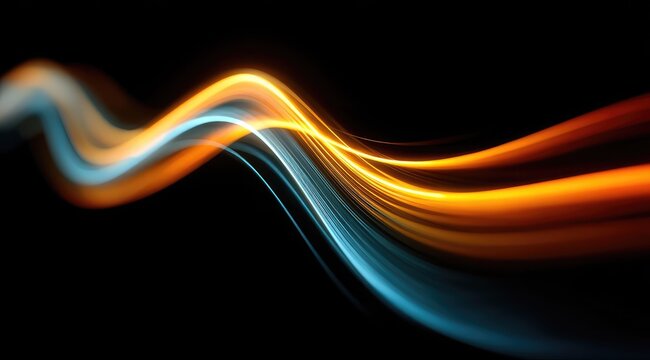 Abstract flowing light trails, orange and blue hues on black background