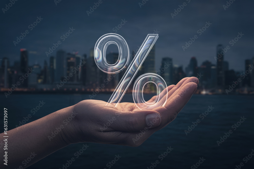 Poster transparent percentage symbol floating above a hand with a cityscape background representing financi