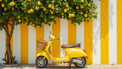 Bright and vibrant yellow retro scooter parked against a bold vertical yellow and white striped wall, lush green lemon tree with ripe yellow lemons hanging above