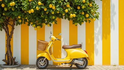 Sierkussen Scooter Bright and vibrant yellow retro scooter parked against a bold vertical yellow and white striped wall, lush green lemon tree with ripe yellow lemons hanging above  © kupukupu