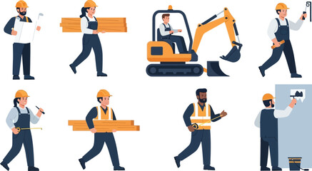 Construction workers performing various tasks including excavation and building construction work site