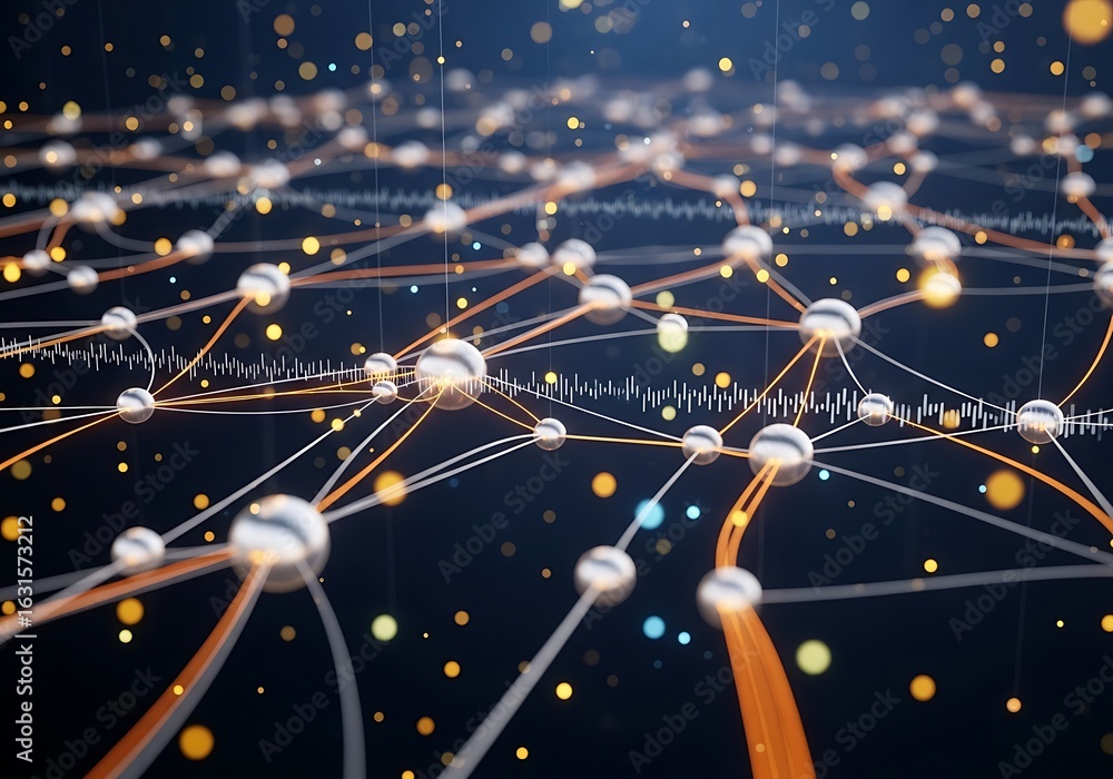 Poster abstract network: interconnected nodes, glowing lines, data visualization, futuristic technology, di