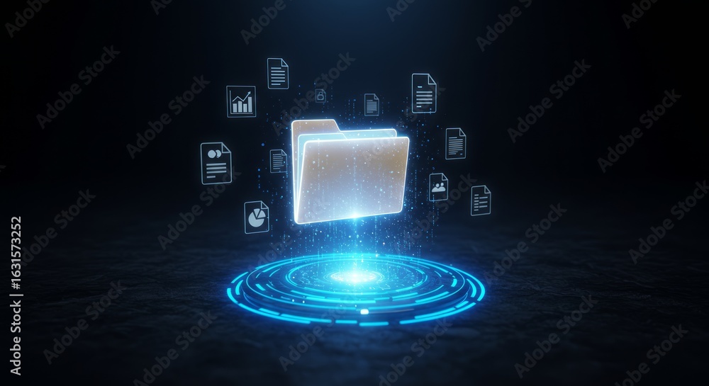 Poster glowing digital folder with scattered document icons above a blue, circular light. dark background